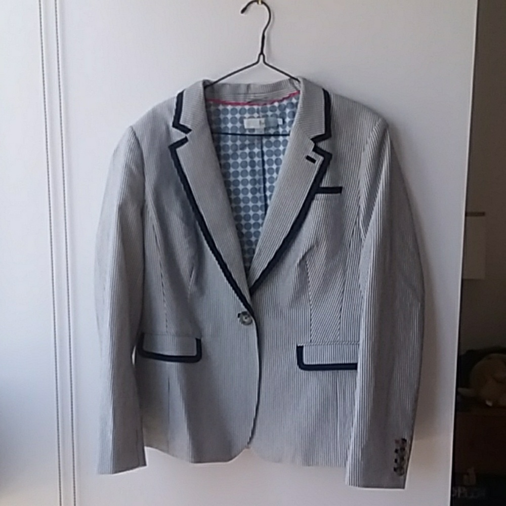 Seersucker Boden Blazer with Navy Embellishments